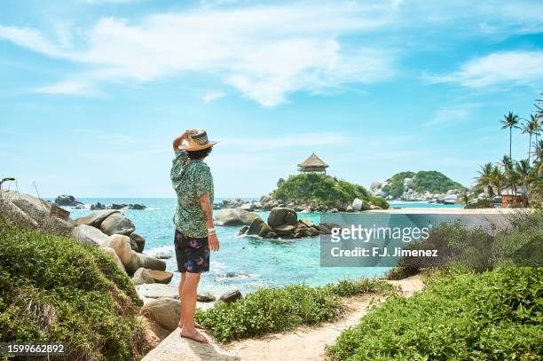 man looking towards cabo san juan beach in tayrona national park in colombia - karibische kultur stock-fotos und bilder