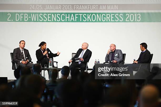 Holger Osieck, Steffi Jones, Wolfgang Staab, Markus Weise and Robin Dutt attend the DFB Science Congress 2013 at the Steigenberger Airport Hotel on...