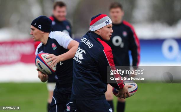 England fly half Toby Flood and Dylan Hartley in action during England training at West Park Rugby club on January 24, 2013 in Leeds, England.