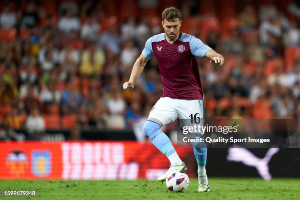 Calum Chambers of Aston Villa controls the ball during the Pre Season Friendly match between Valencia CF and Aston Villa at Estadio Mestalla on...