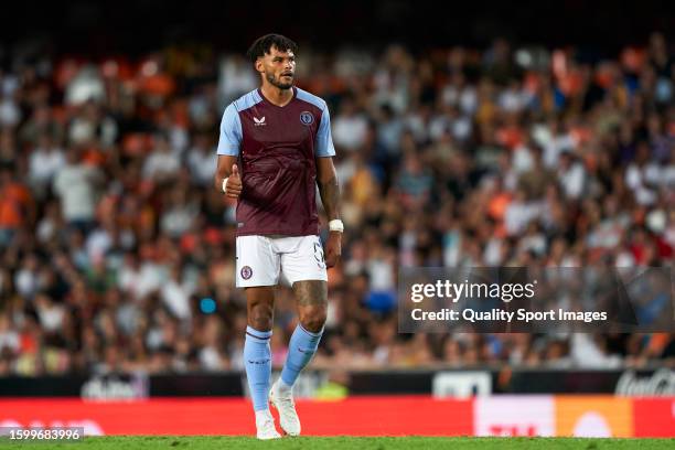 Tyrone Mings of Aston Villa reacts during the Pre Season Friendly match between Valencia CF and Aston Villa at Estadio Mestalla on August 05, 2023 in...