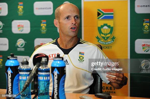 Coach Gary Kirsten speaks during a South Africa national cricket team press conference at the Sandton Southern Sun Hotel on January 24, 2013 in...