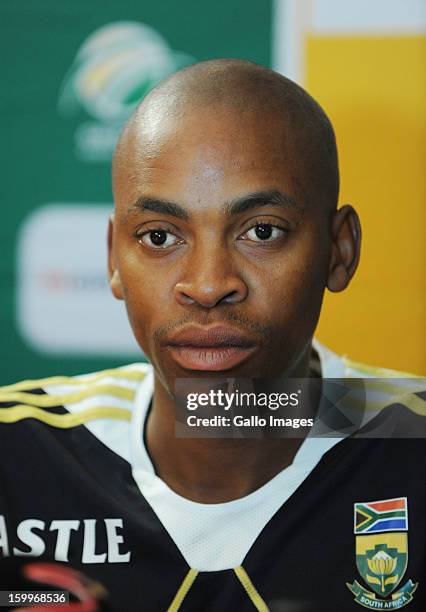 Aaron Phangiso attends a South Africa national cricket team press conference at the Sandton Southern Sun Hotel on January 24, 2013 in Johannesburg,...