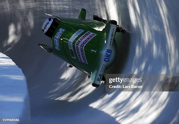 Cathleen Martini and Janine Tischer of Germany take a run during a training session at Olympia Bob Run on January 24, 2013 in St Moritz, Switzerland.