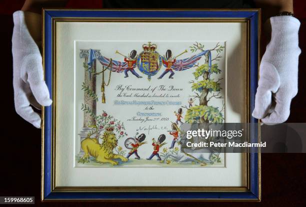 The Coronation invite given to Prince Charles, who was four years old at the time, is displayed in the Throne Room at Buckingham Palace on January...