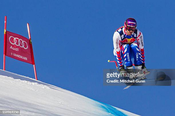 Adrien Theaux of France races down the Hahnenkamm Course during the Audi FIS Alpine Ski World Cup Downhill third official training session on January...