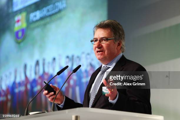 Jan Ekstrand of Linkoeping University addresses the DFB Science Congress 2013 at the Steigenberger Airport Hotel on January 24, 2013 in Frankfurt am...