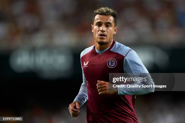 Philippe Coutinho of Aston Villa looks on during the Pre Season Friendly match between Valencia CF and Aston Villa at Estadio Mestalla on August 05,...