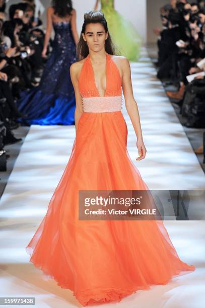 Model walks the runway during the Georges Chakra Spring/Summer 2013 Haute-Couture show as part of Paris Fashion Week at on January 23, 2013 in Paris,...