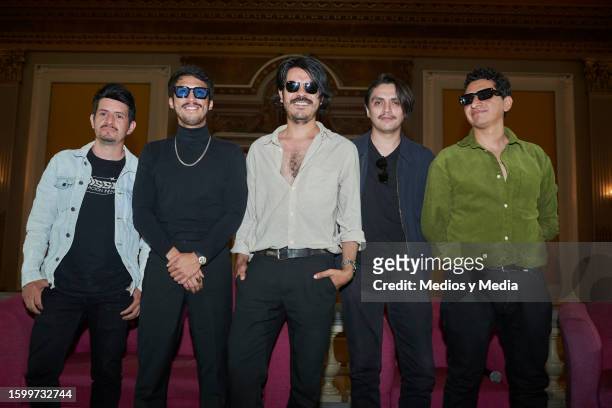Edgar Macin, Juan Pablo Muñoz, Daniel Leon, Rodolfo Guerrero and Manuel Uribe of Odisseo Band pose for a photo during the Press Conference at Teatro...