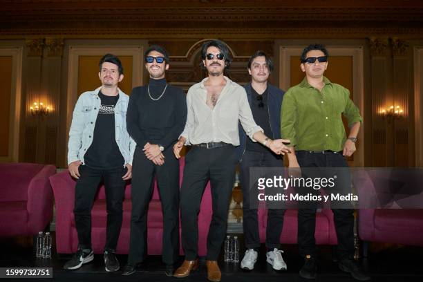 Edgar Macin, Juan Pablo Muñoz, Daniel Leon, Rodolfo Guerrero and Manuel Uribe of Odisseo Band pose for a photo during the Press Conference at Teatro...