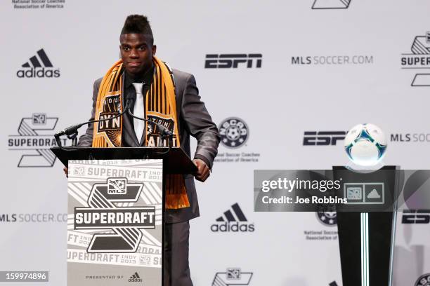 Jason Johnson of VCU speaks to the crowd after being selected by the Houston Dynamo as the 13th overall pick in the 2013 MLS SuperDraft Presented by...