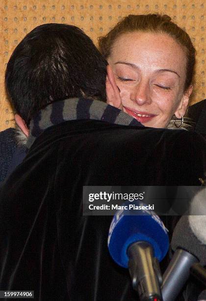 Jean-Luc Romero and Florence Cassez attend a Press conference following her release from prison in Mexico at Charles-de-Gaulle airport on January 24,...