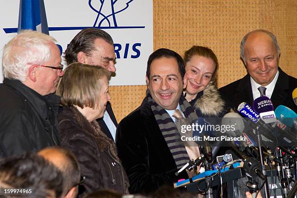 Bernard Cassez, Charlotte Cassez, Franck Berton, Jean-Luc Romero, Florence Cassez and French Foreign Minister Laurent Fabius attend a Press...
