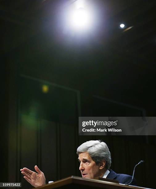 Sen. John Kerry speaks during his Senate Foreign Relations Committee confirmation hearing, on Capitol Hill, January 24, 2013 in Washington, DC. If...