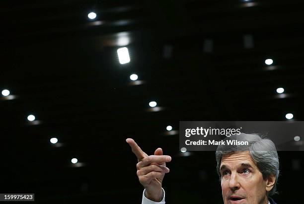 Sen. John Kerry speaks during his Senate Foreign Relations Committee confirmation hearing, on Capitol Hill, January 24, 2013 in Washington, DC. If...