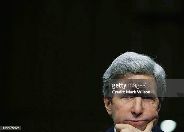 Sen. John Kerry listens to questions during his Senate Foreign Relations Committee confirmation hearing, on Capitol Hill, January 24, 2013 in...