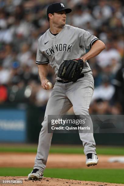Starter Gerrit Cole of the New York Yankees pitches in the first inning against the Chicago White Sox at Guaranteed Rate Field on August 07, 2023 in...