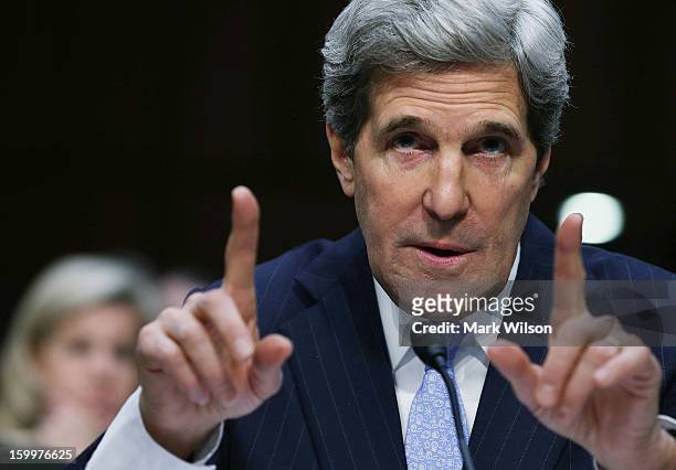 Sen. John Kerry speaks during his Senate Foreign Relations Committee confirmation hearing, on Capitol Hill, January 24, 2013 in Washington, DC. If...