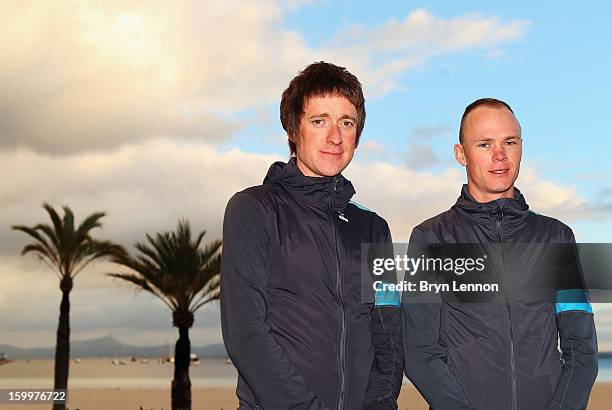 Sir Bradley Wiggins of Team SKY and team mate Chris Froome attend a Team Sky Media Day in Puerto de Alcudia on January 24, 2013 in Mallorca, Spain.