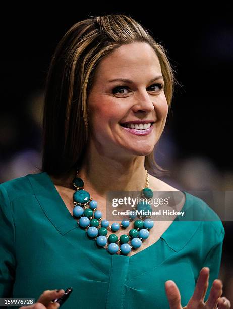 Reporter Shannon Spake seen on the court before the game between the Butler Bulldogs and Gonzaga Bulldogs at Hinkle Fieldhouse on January 19, 2013 in...