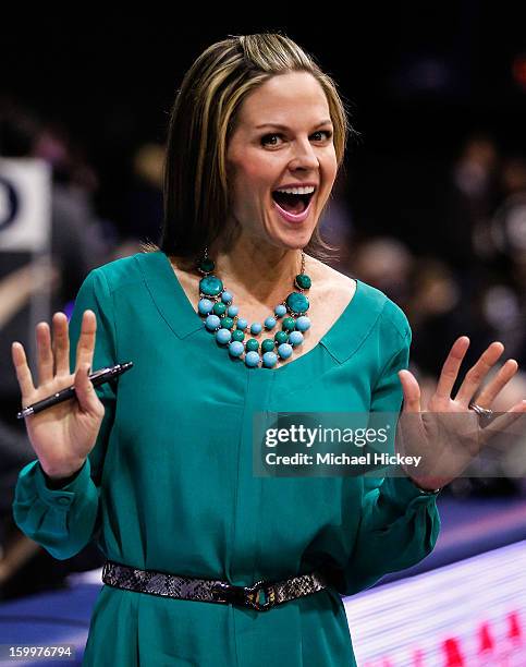 Reporter Shannon Spake seen on the court before the game between the Butler Bulldogs and Gonzaga Bulldogs at Hinkle Fieldhouse on January 19, 2013 in...