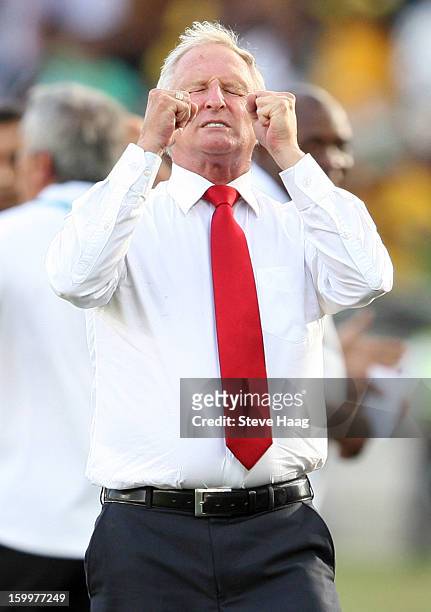 Bafana Bafana coach Gordon Igesund during the 2013 African Cup of Nations match between South Africa and Angola at Moses Mahbida Stadium on January...