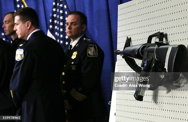 Colt AR-15 Semi-Automatic Assault Rifle is on display during a news conference January 24, 2013 on Capitol Hill in Washington, DC. U.S. Sen. Dianne...