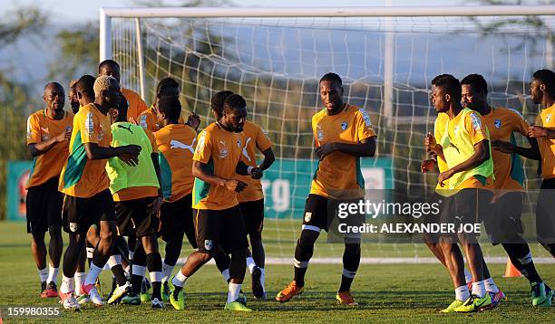 Ivory Coast national football team forward Didier Drogba and team mates train in Rustenburg on January 24 two days before a 2013 African Cup of...