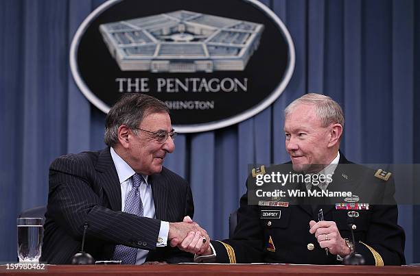 Defense Secretary Leon Panetta and Chairman of the Joint Chiefs of Staff General Martin Dempsey shake hands after signing orders that will lift a ban...