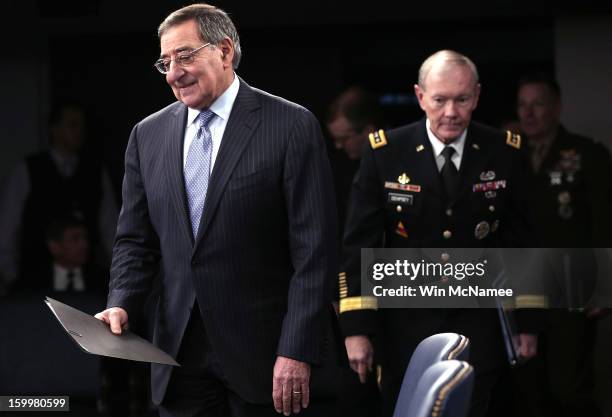 Defense Secretary Leon Panetta and Chairman of the Joint Chiefs of Staff General Martin Dempsey arrive for a ceremony where they signed orders that...