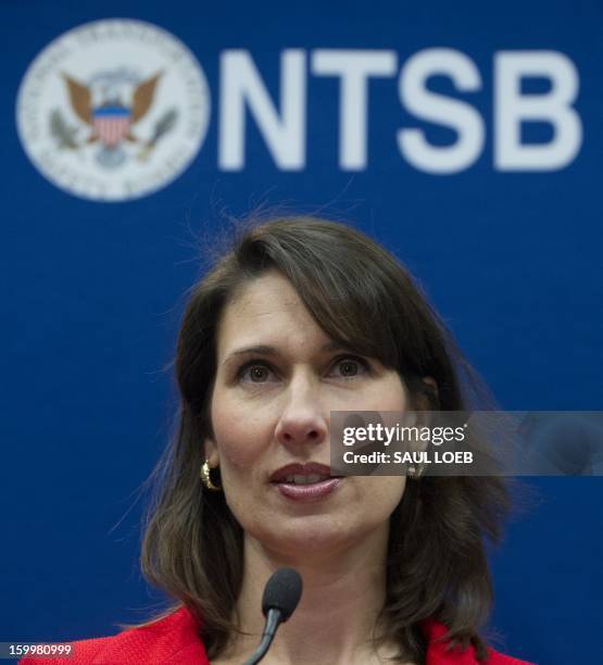 National Transportation Safety Board Chairman Deborah A.P. Hersman speaks during a press conference at NTSB Headquarters in Washington, DC, on...