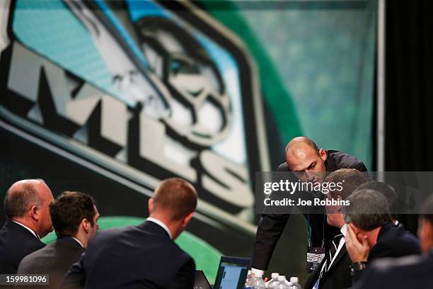 General view as teams work at their respective tables during the 2013 MLS SuperDraft Presented by Adidas at the Indiana Convention Center on January...