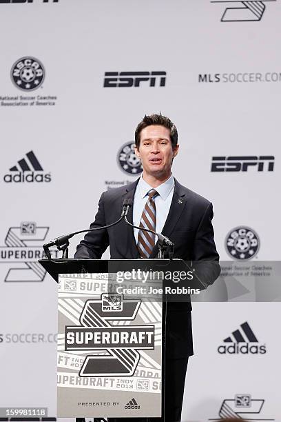 Executive vice president Dan Courtemanche speaks prior to the 2013 MLS SuperDraft Presented by Adidas at the Indiana Convention Center on January 17,...