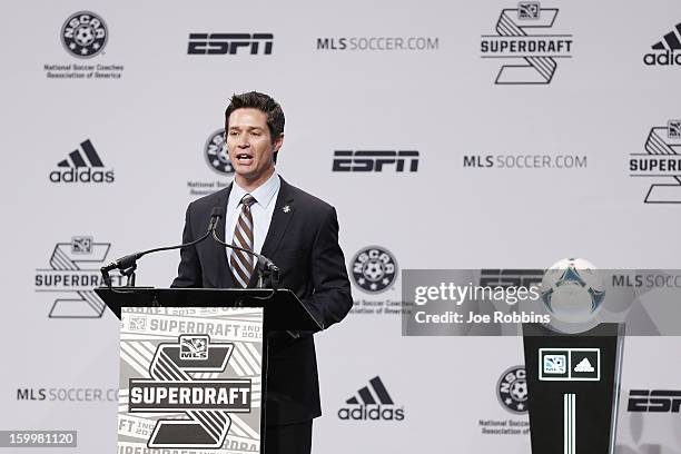 Executive vice president Dan Courtemanche speaks prior to the 2013 MLS SuperDraft Presented by Adidas at the Indiana Convention Center on January 17,...