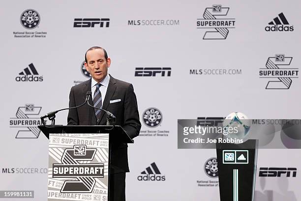 Commissioner Don Garber speaks prior to the 2013 MLS SuperDraft Presented by Adidas at the Indiana Convention Center on January 17, 2013 in...