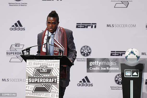 Deshorn Brown of Central Florida speaks to the crowd after being selected by the Colorado Rapids as the sixth overall pick in the 2013 MLS SuperDraft...