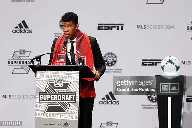 Emory Welshman of Oregon State speaks to the crowd after being selected by Toronto FC as the 16th overall pick in the 2013 MLS SuperDraft Presented...