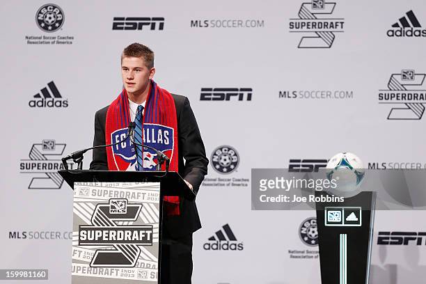 Walker Zimmerman of Furman speaks to the crowd after being selected by FC Dallas as the seventh overall pick in the 2013 MLS SuperDraft Presented by...
