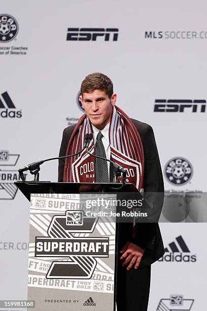 Dillon Powers of Notre Dame speaks to the crowd after being selected by the Colorado Rapids as the 11th overall pick in the 2013 MLS SuperDraft...