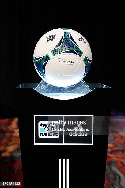 Official MLS soccer ball is seen prior to the 2013 MLS SuperDraft Presented by Adidas at the Indiana Convention Center on January 17, 2013 in...