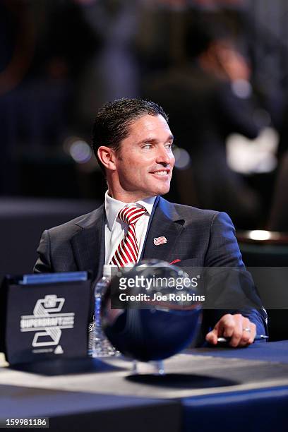 New England Revolution head coach Jay Heaps looks on as the team prepares to make the first selection in the 2013 MLS SuperDraft Presented by Adidas...