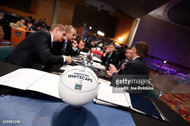 Vancouver Whitecaps FC officials discuss strategy prior to the 2013 MLS SuperDraft Presented by Adidas at the Indiana Convention Center on January...