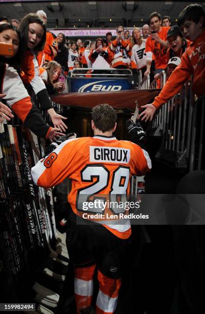 Claude Giroux of the Philadelphia Flyers leaves the ice rink following warm-ups prior to his game against the Pittsburgh Penguins on January 19, 2013...