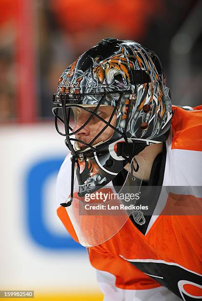 Ilya Bryzgalov of the Philadelphia Flyers looks on against the Pittsburgh Penguins on January 19, 2013 at the Wells Fargo Center in Philadelphia,...