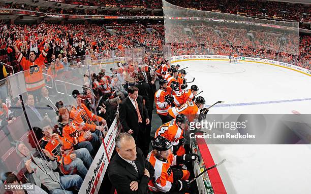 Members of the Philadelphia Flyers watch the play from the bench during their game against the Pittsburgh Penguins on January 19, 2013 at the Wells...
