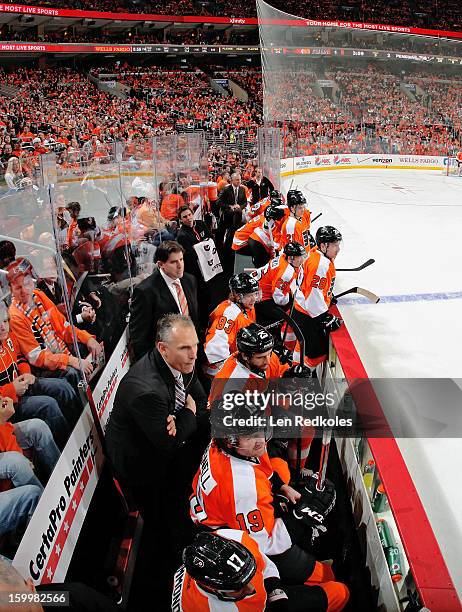 Members of the Philadelphia Flyers watch the play from the bench during their game against the Pittsburgh Penguins on January 19, 2013 at the Wells...