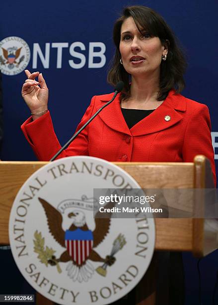 National Transportation Safety Board Chairman Deborah A.P. Hersman speaks during a briefing at the NTSB headquarters, on January 24, 2013 in...