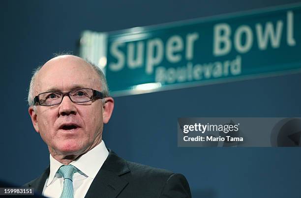 New York Jets owner Woody Johnson speaks at a City Hall press conference announcing plans for Super Bowl XLVIII in the region on January 24, 2012 in...