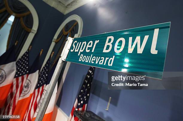 Super Bowl Boulevard" sign stands after a City Hall press conference announcing plans for Super Bowl XLVIII in the region on January 24, 2012 in New...